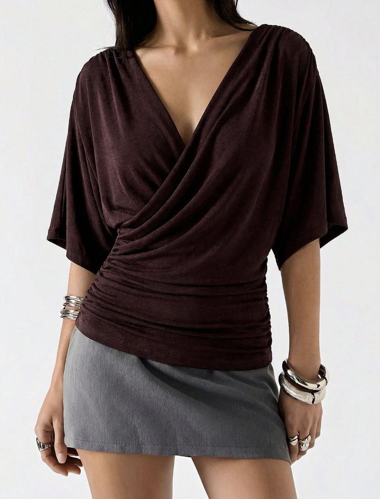 European and American new cross V-neck top, waist minimalist solid color short light commuter and thin bottoming shirt