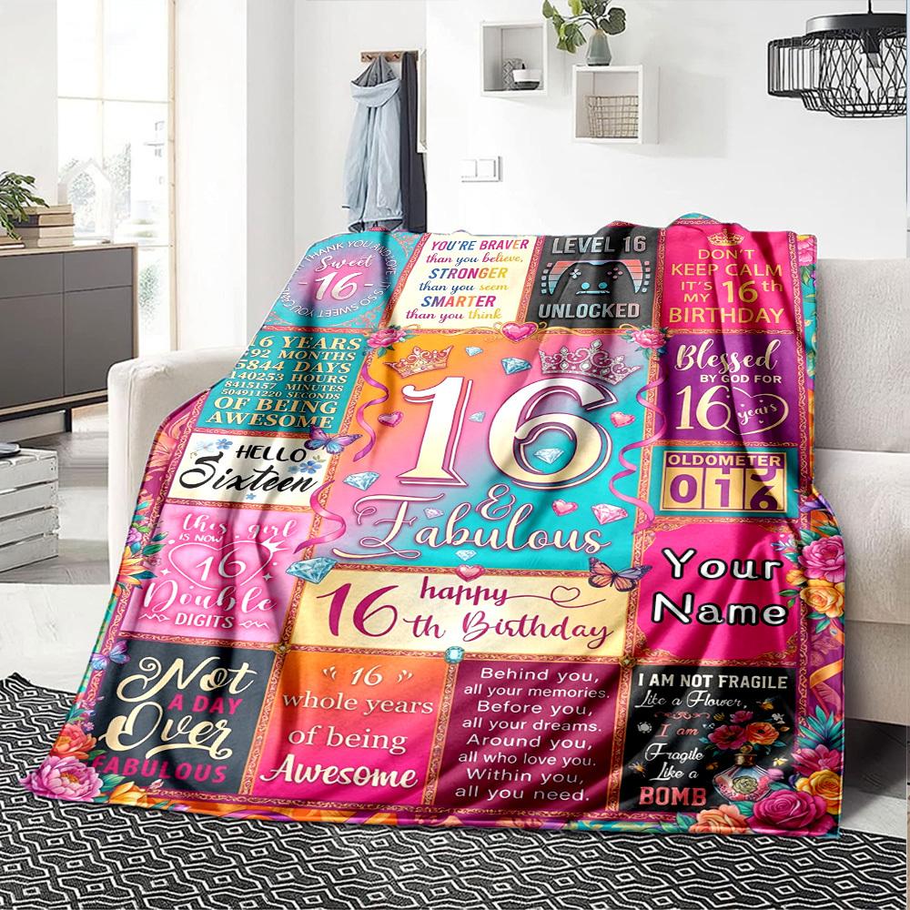Happy 16Th Birthday Themed Blanket Personalized Name Soft Warm And Versatile For Sofa Bed Office And Travel Machine Washable Comfortable In All