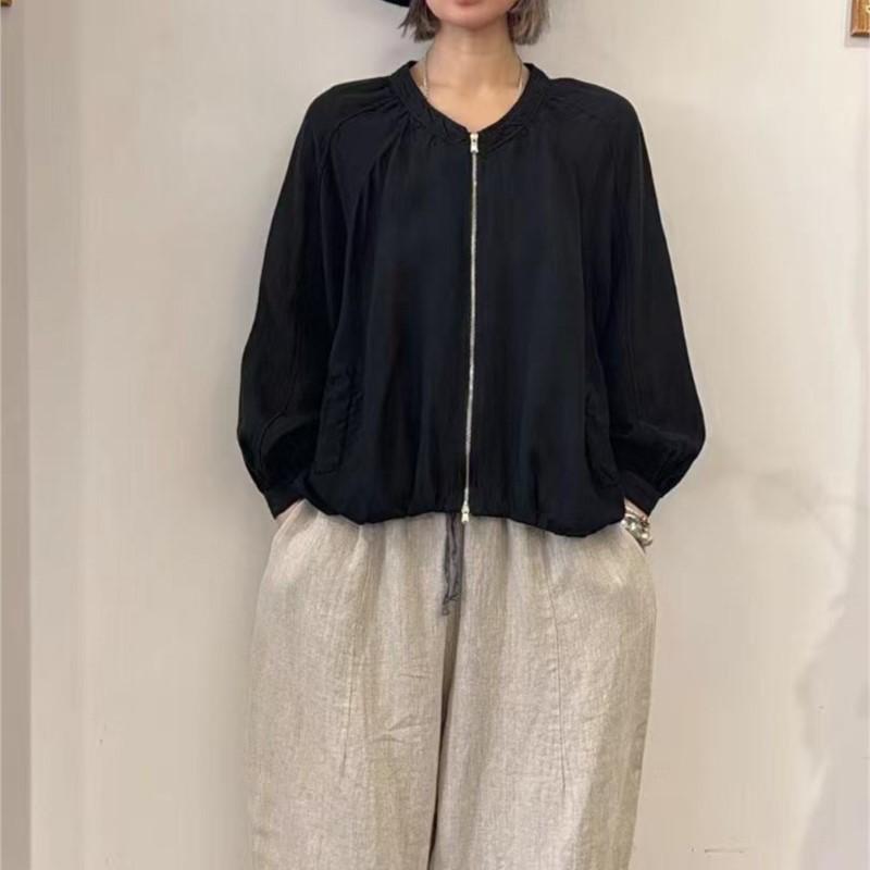 Johnature Giacca con cerniera giapponese da donna Primavera Larga Casual Versatile Coulisse Sottile Protezione Solare Cappotti da Donna