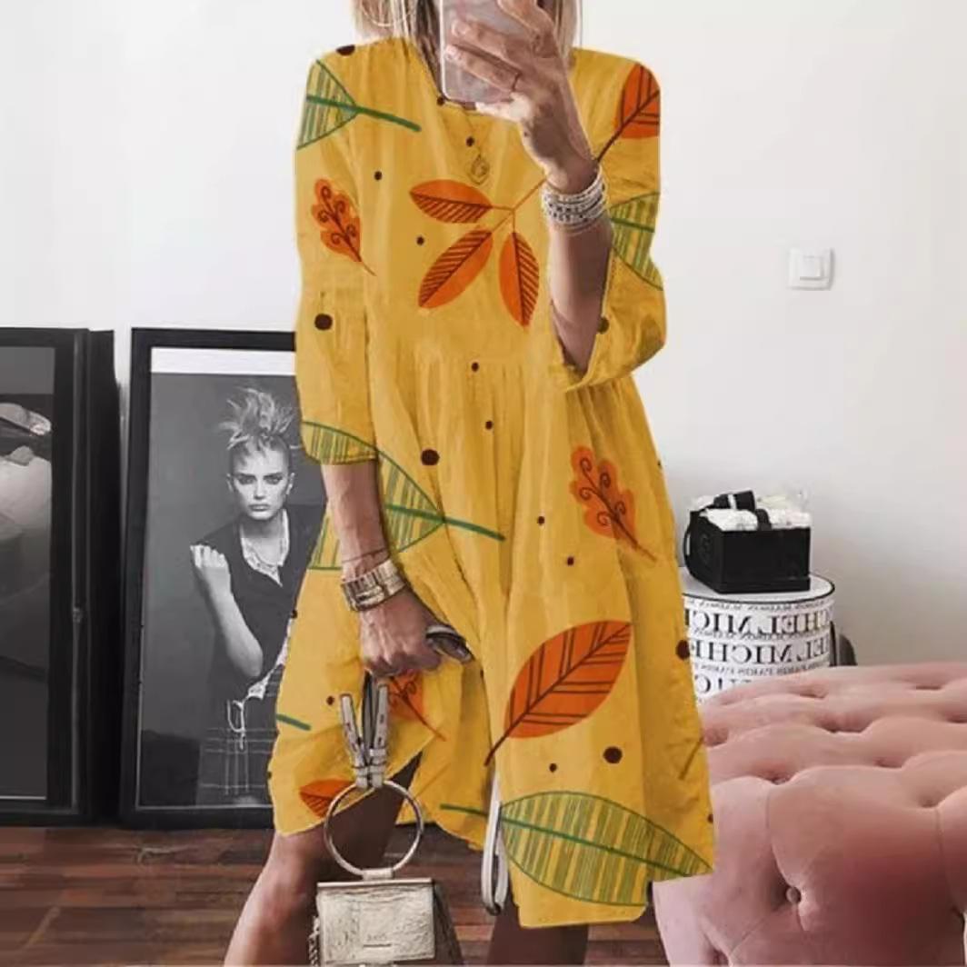 

GMXIA Короткие рукава Женские летние свободные платья миди с принтом и высокой талией, с семью рукавами XXXL жёлтый