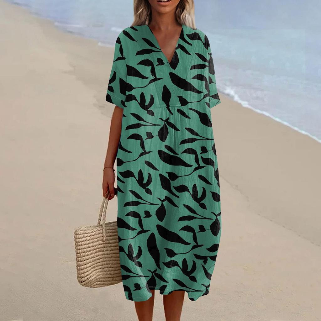 Women's Loose Casual Fashion V-Neck Printed Dress Beach Skirt