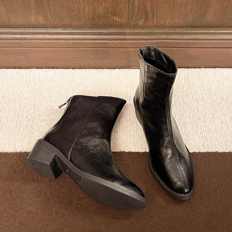 Maillard Brown Square Head Short Boots Women's Autumn and Winter New French Retro Thin V-mouth Ankle Thick Heel Thin Boots