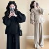 V-Neck Lantern Sleeve Tie-Up Knitted Two-Piece Set with Wide-Leg Pants - Women's Autumn/Winter Korean Style