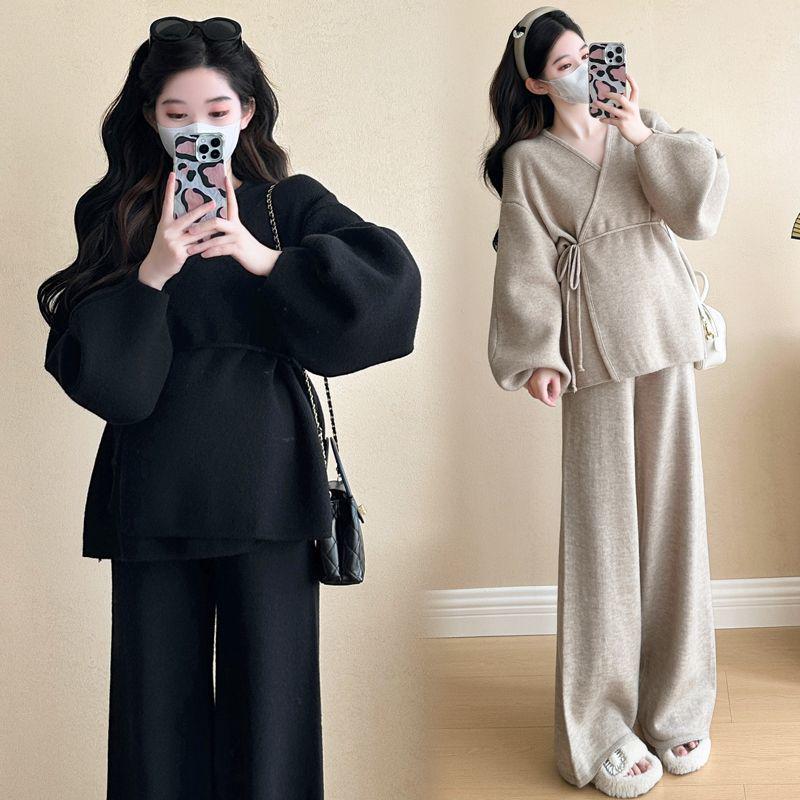 V-Neck Lantern Sleeve Tie-Up Knitted Two-Piece Set with Wide-Leg Pants - Women's Autumn/Winter Korean Style