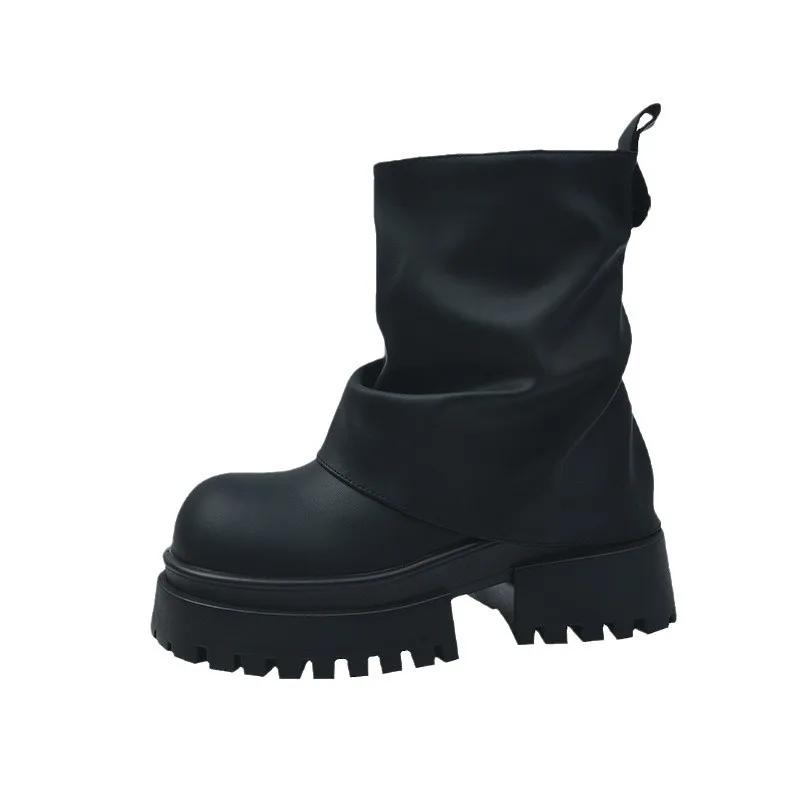 Móda 2025 Nové plisované kulaté špičky na silné podrážce britské jezdecké kozačky pod koleno podzimní móda na silném podpatku