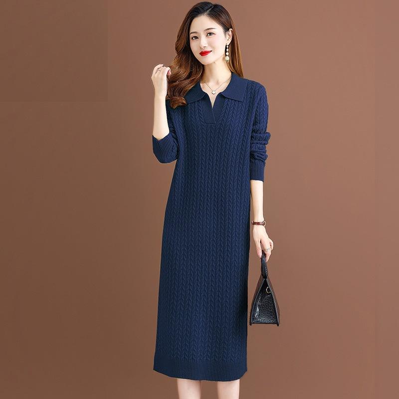 Twisted Knitted Dress for Women In Winter Thick Sweater Long Dress Fashionable Lapel Style Mid-length Sweater for Autumn and Winter