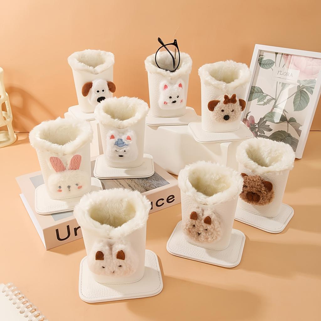 1 étui à lunettes doublé en peluche - Cuir synthétique animal mignon, protège les lunettes/stylos, idéal pour le bureau, la table de chevet et la maison de poupée