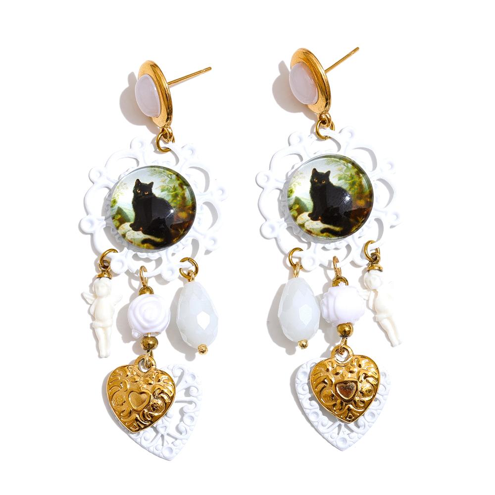 

Eetit Винтажные акриловые серьги-подвески с кристаллами в виде кошки, ангела и сердца для женщин 2025, стильный уникальный дизайн, ретро-украшения из нержавеющей стали белый