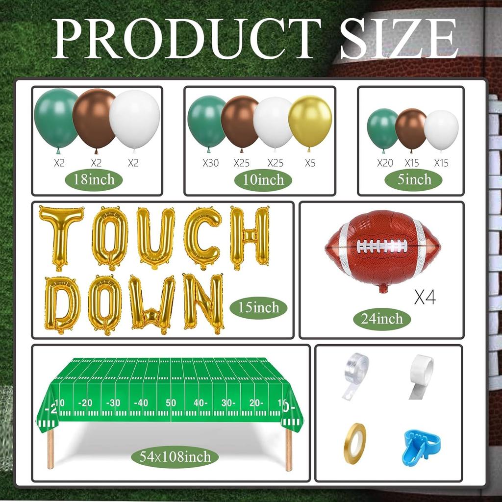 BiBo Football Balloon Garland Arch Kit - 147 Pcs Latex Balloons, 'Touchdown' Letter Balloons, Football Foil Balloons, Tablecloth for First Year Down