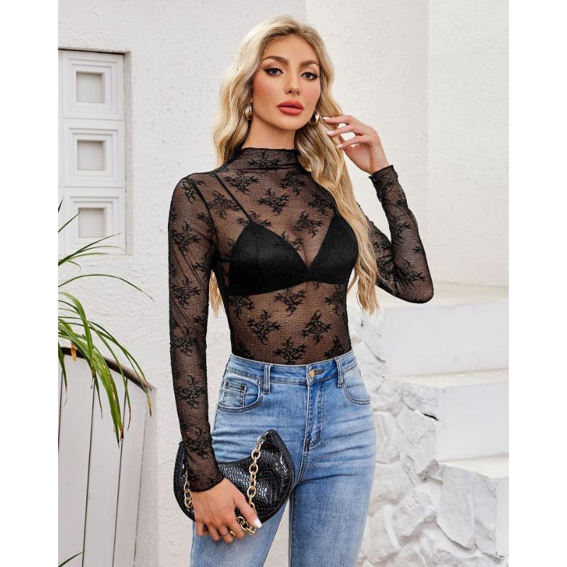 Women Sexy Slim Fit Lace Mesh Long Sleeve Pullover Bottoming Shirt