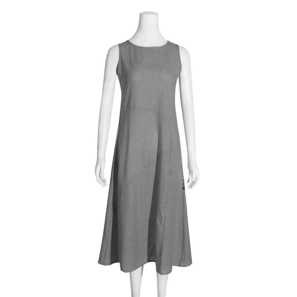 Women Casual Striped Sleeveless Dress  Neck Linen Pocket Long Dress
