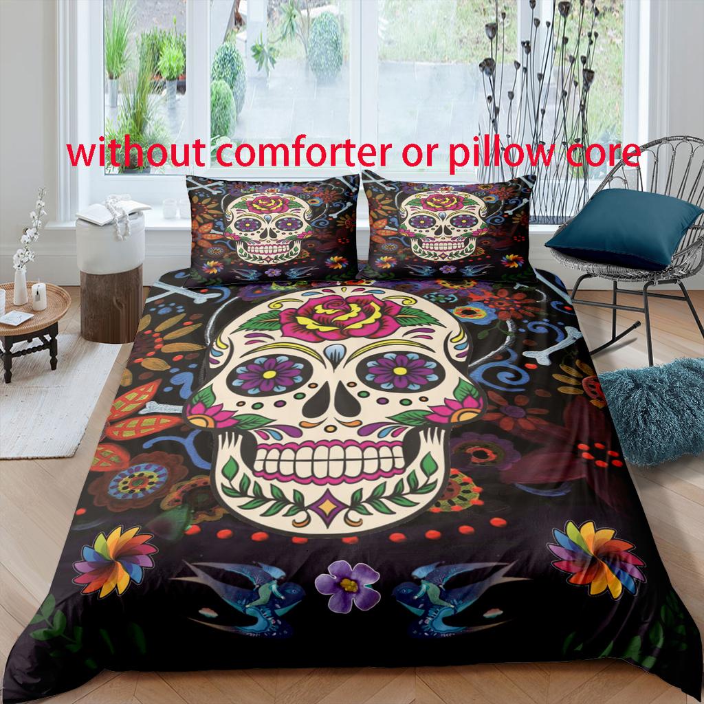 Totenkopfmuster - Digital bedrucktes Bettwäscheset - Polyester - Schlafzimmerdekoration - 1 Bettdecke + 2 Kissenbezüge (kein Kissenkern)
