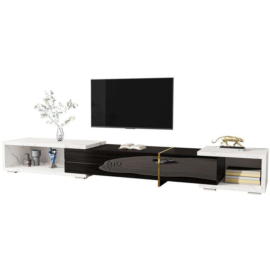 Modern TV Cabinet with Variable Length (140-260 cm), Rotating Function, White Marble Look, Black High-Gloss Matte Finish and Gold Ornaments