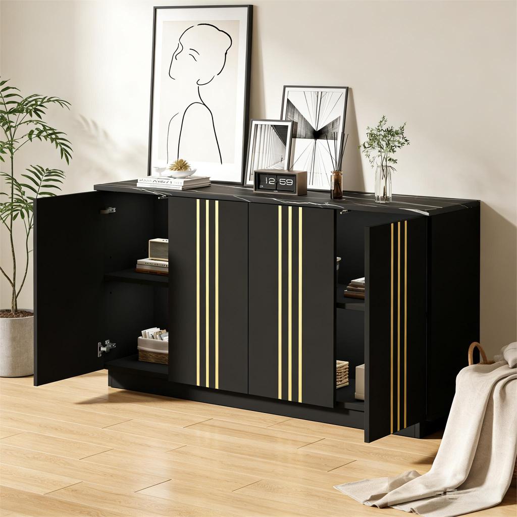 Sideboard, Schrank mit 4 Türen, 35 x 140 x 70 cm, Vergoldete Linien, Schrank mit verstellbaren Einlegeböden, Geeignet für Wohnzimmer und Schlafzimmer, Schwarz+Gold
