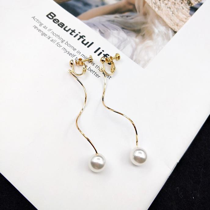 Long Spiral Earrings Imitation Pearl Clip Without Piercing Fashion Studs Simple Women