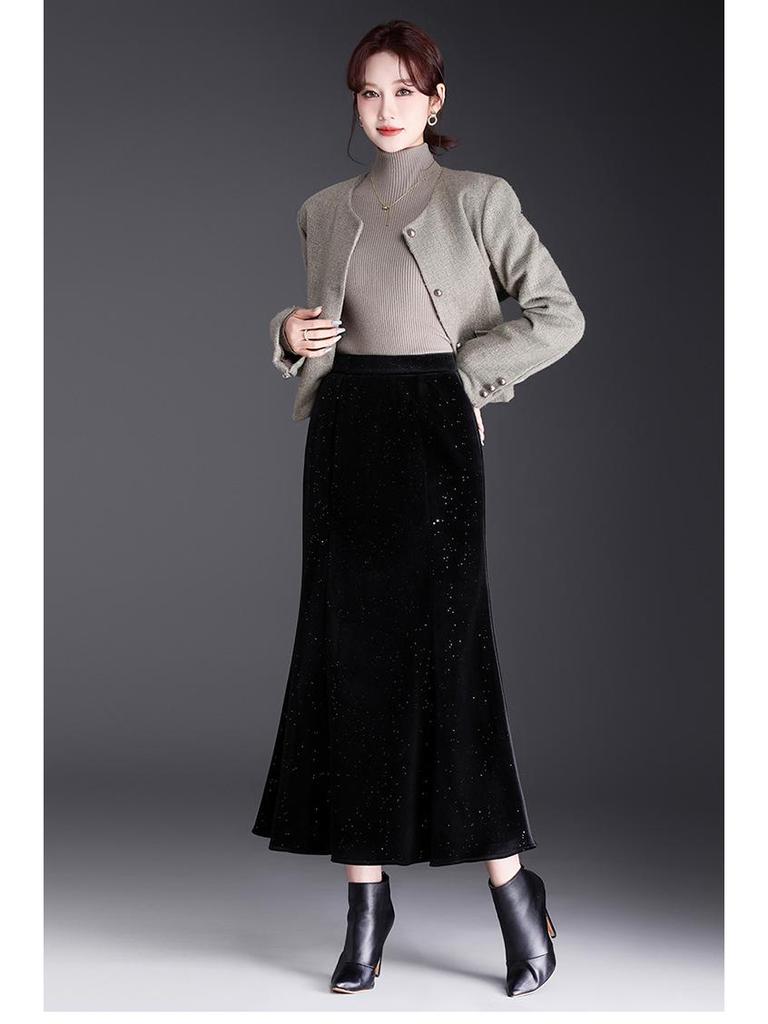 Sequined Velvet Fishtail Midi Skirt - 2026 Spring Fashion