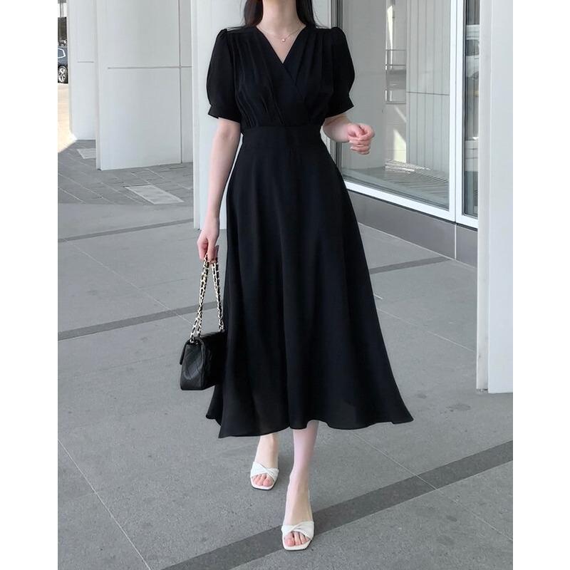 French V-neck Pleated Women's Dress with Elegant Puffed Sleeves and A Cinched Waist