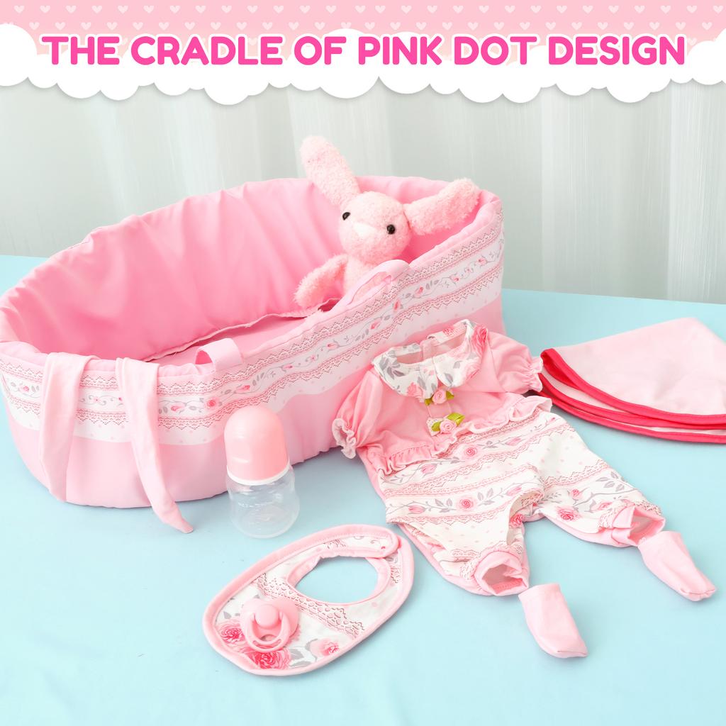10 Pcs Doll Clothes Set Portable Baby Doll Accessories Set with Bassinet Diaper Pacifier Feeding Bottle for Children Toddler