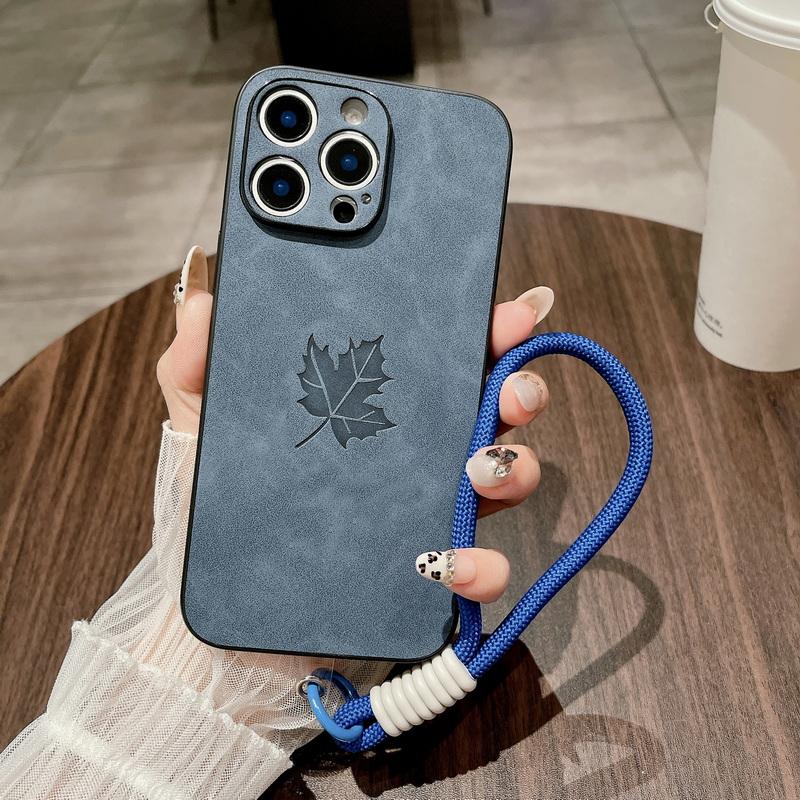 Kryt na telefon s motivem javorového listu, měkký, s šňůrkou, pro iPhone 16 Plus 15 Pro 14 Pro Max 13 12 11, jednobarevný, kožený, nárazuvzdorný, tenký, matný zadní kryt