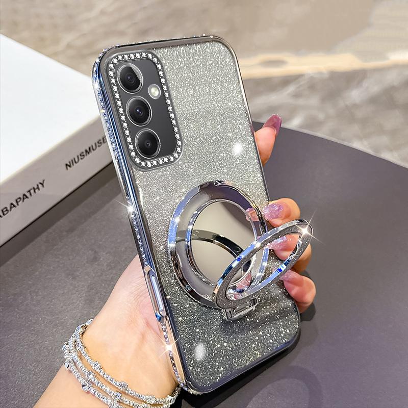 KEYSION Luxury Glitter Jewelled Magnetic Phone Case for Samsung Galaxy A54 5G A34 A24 A14 Makeup Mirror Stand Shockproof Cover