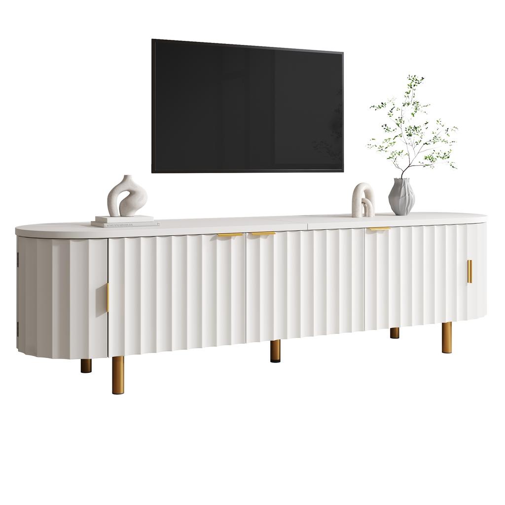 TV Lowboard Made of MDF with 5 Doors, Fluted Front, Rounded Sides, Iron Feet and Iron Handles