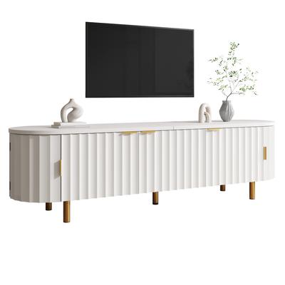 Χαμηλό έπιπλο TV από MDF με 5 Πόρτες, Αυλακωτή Πρόσοψη, Στρογγυλεμένες Πλευρές, Σιδερένια Πόδια και Σιδερένιες Λαβές