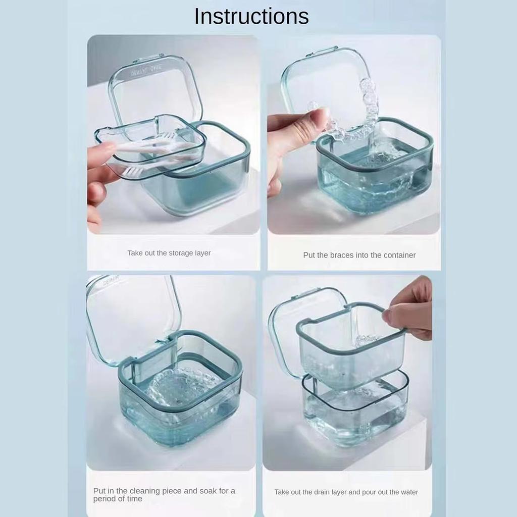 1PC Portable Denture Case Orthodontics StorageBox Denture Bath Box Cup with Strainer Basket for Travel Cleaning Mouth Guard Case