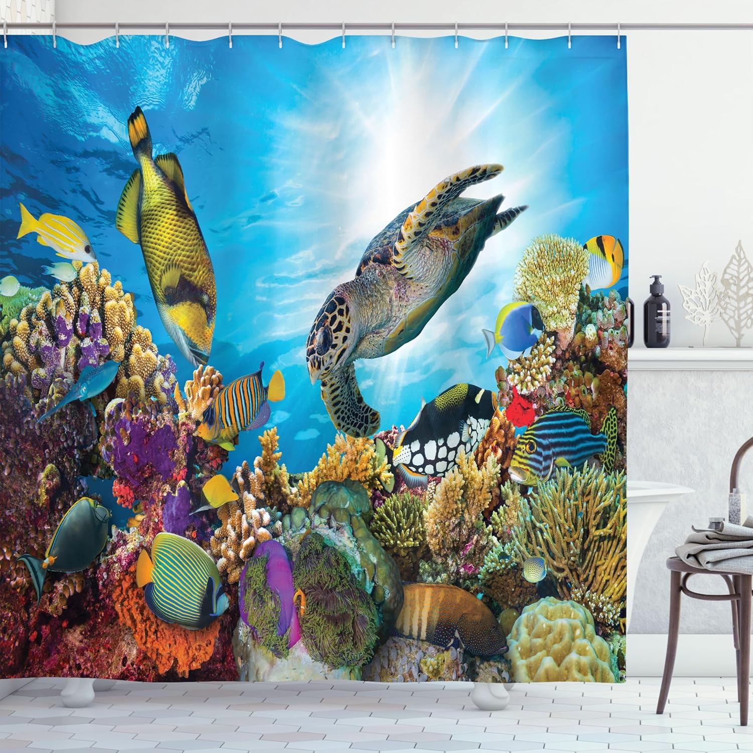 Ocean Shower Curtain with Hooks – Colorful Fish & Coral Reef, Underwater Sea Life Theme for Vibrant Bathroom Decor 90x180cm35x71in