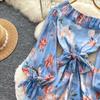 Women Off Shoulder Floral Print Short Dress Long Sleeve Ruffle Splice Smocked Waist A-Line Mini Skirt Casual Summer Beach Vacation Dress