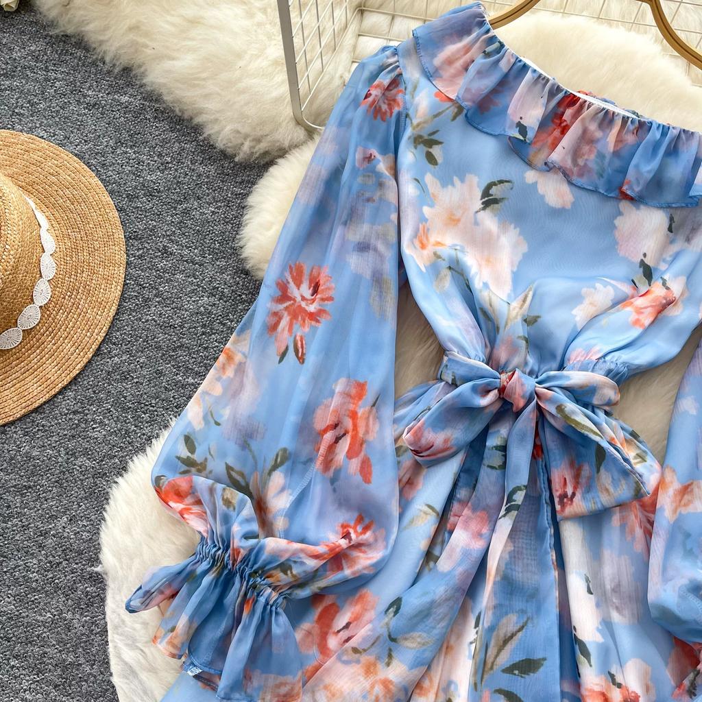 Women Off Shoulder Floral Print Short Dress Long Sleeve Ruffle Splice Smocked Waist A-Line Mini Skirt Casual Summer Beach Vacation Dress