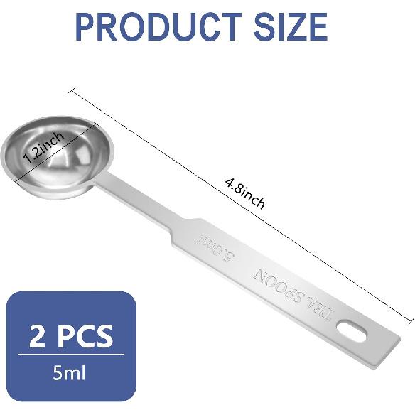 2 шт. 1/3 ст. л. (5ML) Полированная длинная чайная ложка с мерными отметками, (4,8x1,2 дюйма) Нержавеющая сталь, Чайные ложки, Мерные ложки, Отверстие для подвешивания,