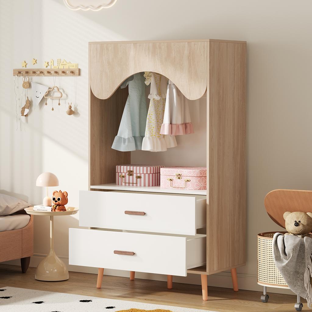 Children's Wardrobe, Wardrobe with Clothes Rail, with Drawers, Open Wardrobe, Solid Wood Handles, Made of Chipboard, White+natural Wood, 80×46×141,5cm