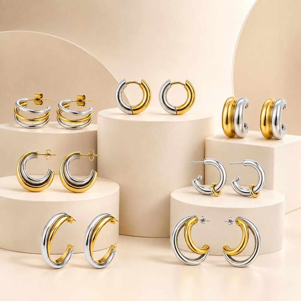 European & American Style Two-Tone Stainless Steel Hoop Earrings with Elegant Design