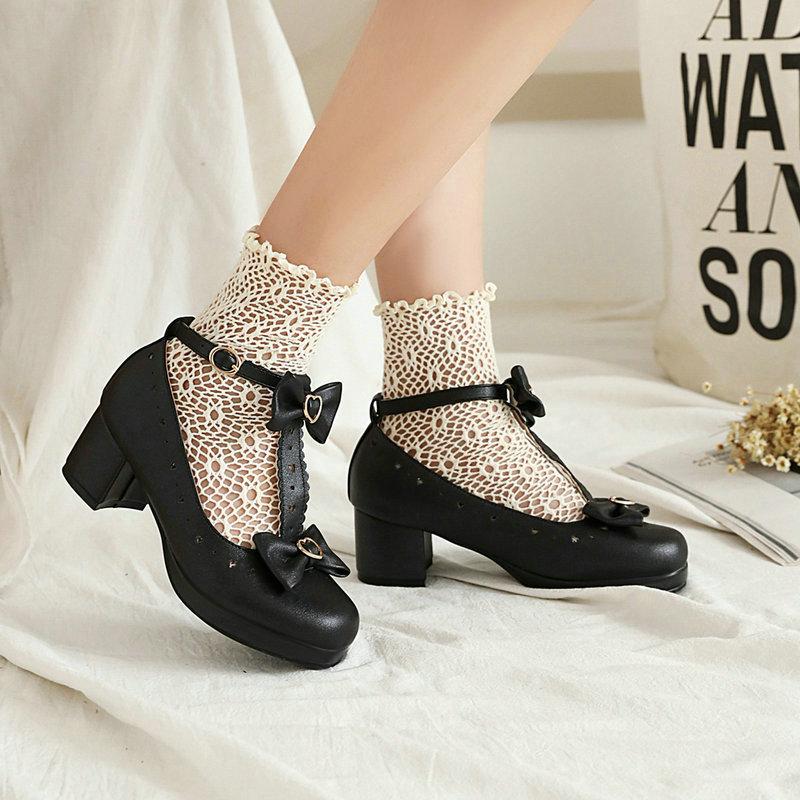 Sweet T Strap Mary Jane Girls Shoes Woman Student Low Heels Round Toe Pumps Women Red Bow Buckle Princess Lolita Shoes Size30-43