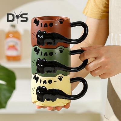 Cat Stackable Coffee Mugs 380ml Capacity Cute Cat Theme Meow Cups Space-Saving Ceramic Tea Cups Gift for Cat Lovers And Collectors