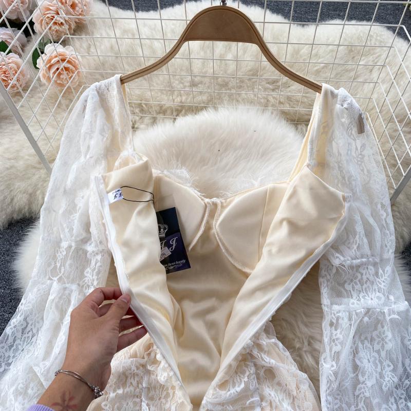 Frence seksowna koronkowa przezroczysta sukienka jednoczęściowa damska elegancka latarnia rękaw elegancka Mini sukienka Lady słodka impreza urodzinowa projektowanie mody odzież 2024