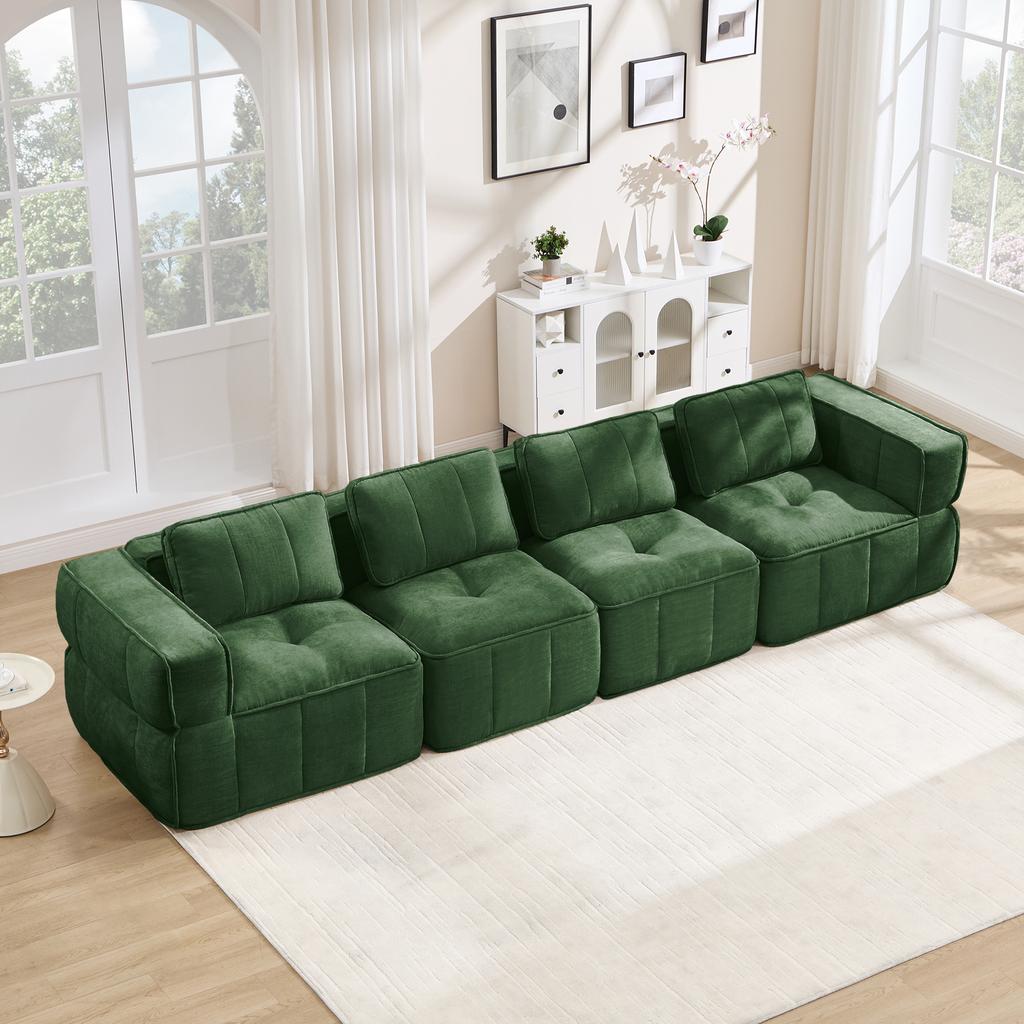 Sofá Nube Extra Grande de 4 Plazas sin Estructura, Modular, Espuma de Alta Densidad 32D, Agradable al Tacto, Tejido Suave, Antideslizante, No Requiere Montaje, Verde.