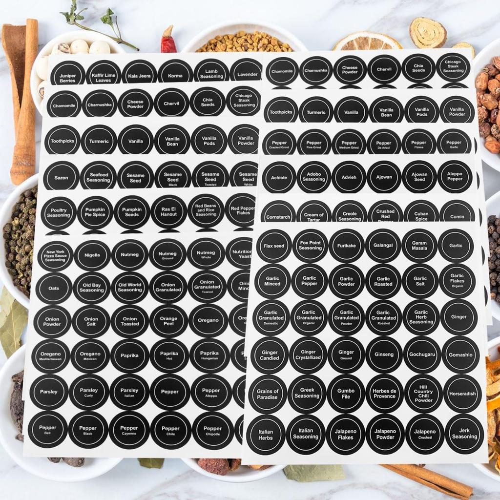 Spice Labels, 432Pcs Spice Labels Stickers 1.4in Waterproof Adhesive Round Preprinted Spice with Blank Label Black Tear Resistant Sticker