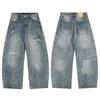 Mens Distressed Straight Fit Denim Jeans With Embroidery Mid-Rise Water Washed Cotton Blend Streetwear Casual Pants
