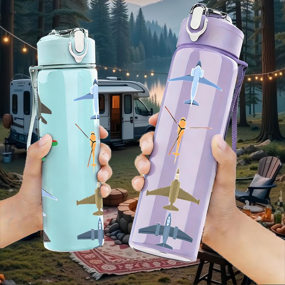 1PC Multiple Airplane Silhouette Set 750ml Color Plastic Water Bottle Leakproof Flip Straw Lid For Sports Office Home Use