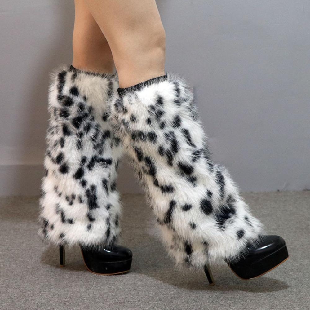 Soft Faux Fur Leopard Leg Warmers Thickened Y2K Long Tube Stockings Knee High Foot Cover Plush Boots Cover Autumn/Winter