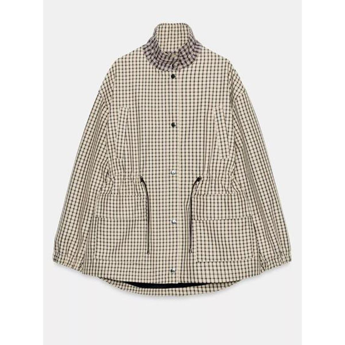 Women s Stand Collar Long Sleeve Plaid Jacket Drawstring Waist Loose Single Breasted Casual Outerwear S