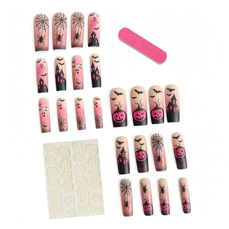 Cross-border European and American Halloween nail plates, pumpkin ghost Halloween wearable nails, long bat spider web fake nails