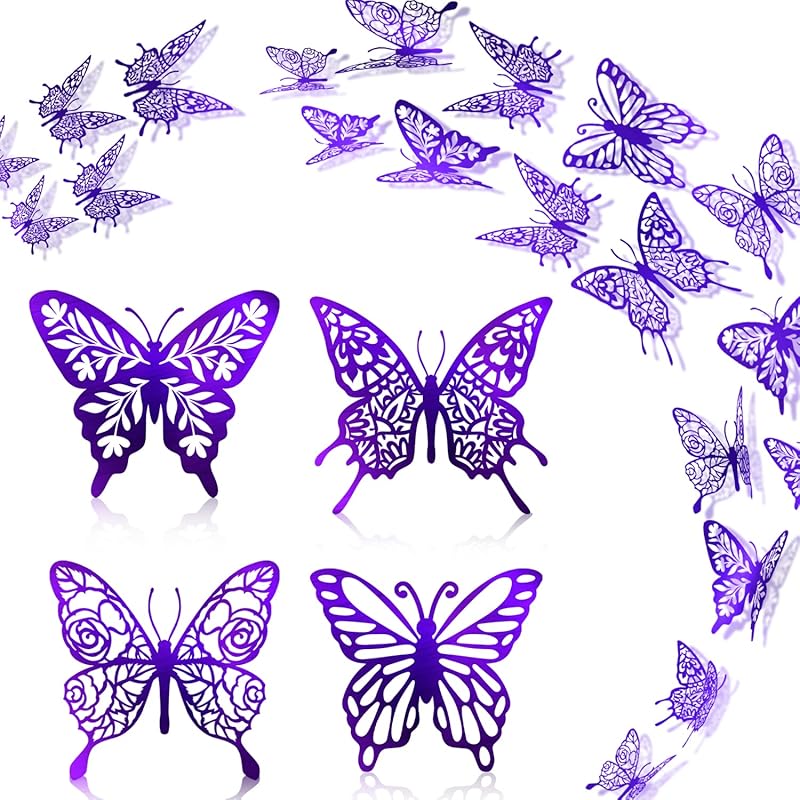 Purple Butterfly Stickers Decor 48pcs 4 Styles 3 Sizes Butterfly Decorations Butterfly Party Cake Decorations 3D Butterfly Stickers Decals for Girls