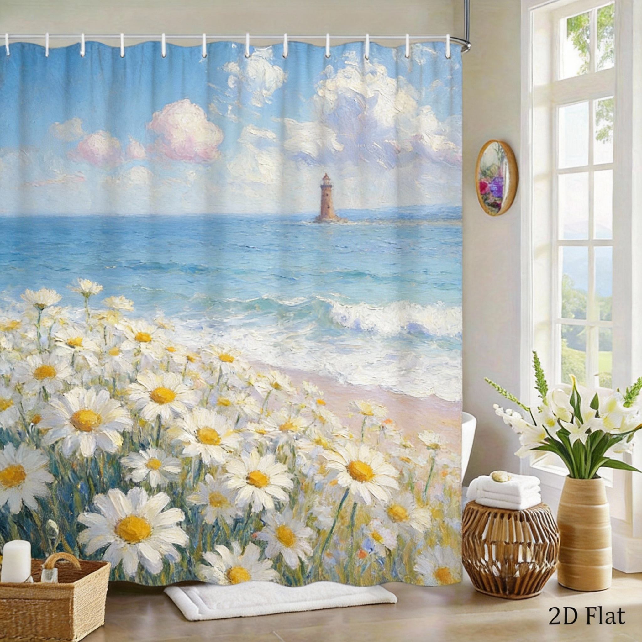 

Impressionist Poppy Field Shower Curtain Pink Flowers Oil Painting Print Polyester Bath Curtain With Hooks For Floral Decor W60H190(CM)-1 Pcs