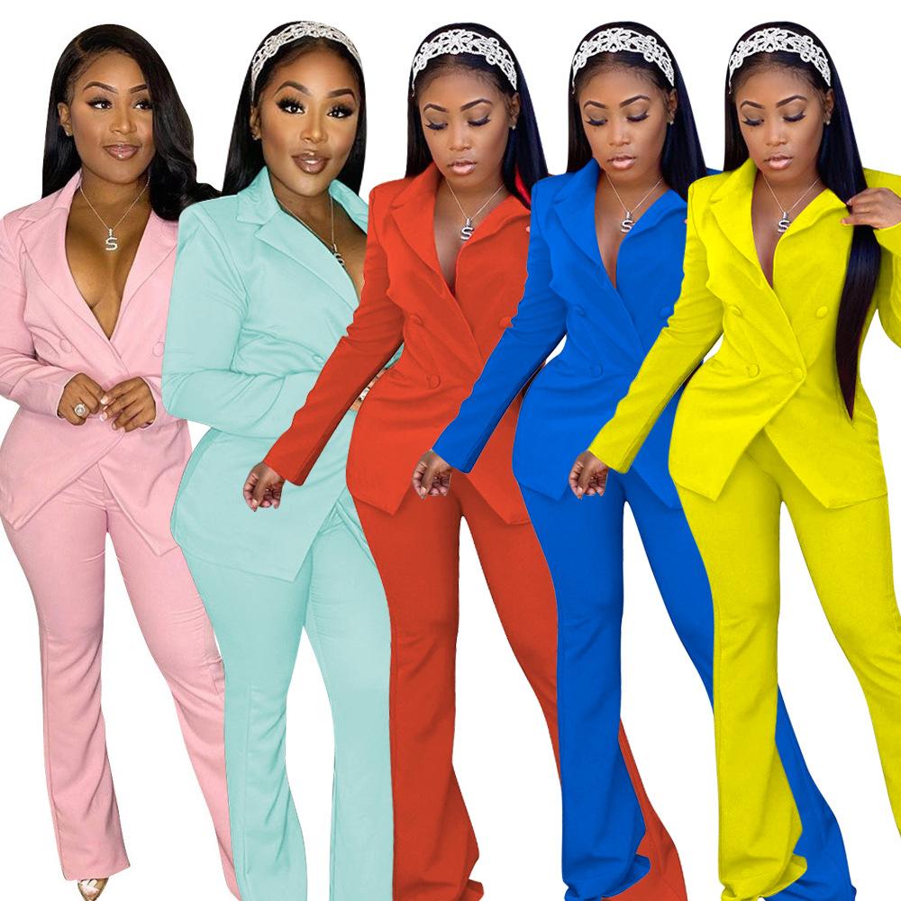 Autumn Winter Women's Solid Color Blazer Set, Relaxed Fit Two Piece Suit with Wide Leg Pants, Office Casual Coord for Business & Daily Wear