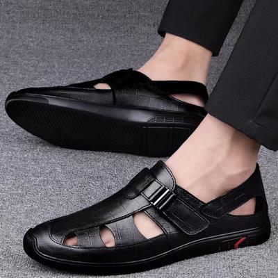 Summer Men Leather Shoes Round Toe Solid Color Hollow Sandals Non-slip Soft Bottom Mens Fashion Flats Sandalias Para Hombres