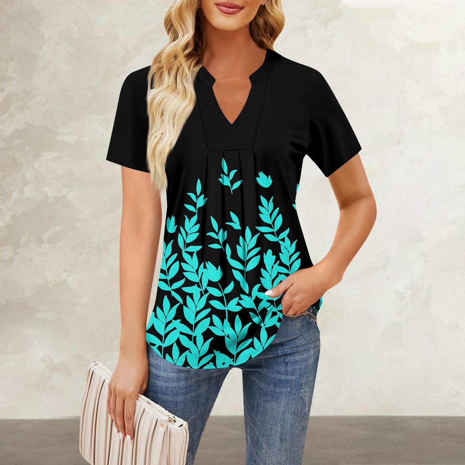 Женская повседневная свободная футболка с коротким рукавом и v-образным вырезом на груди — фото 13