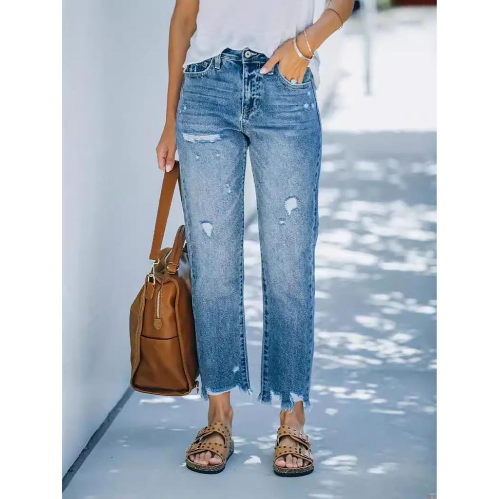 Fashion Broken Holes Tassel Pencil Jeans Women's Stretch Slim Fit Trousers Female Sweet Style Street Casual Commuter Denim Pants