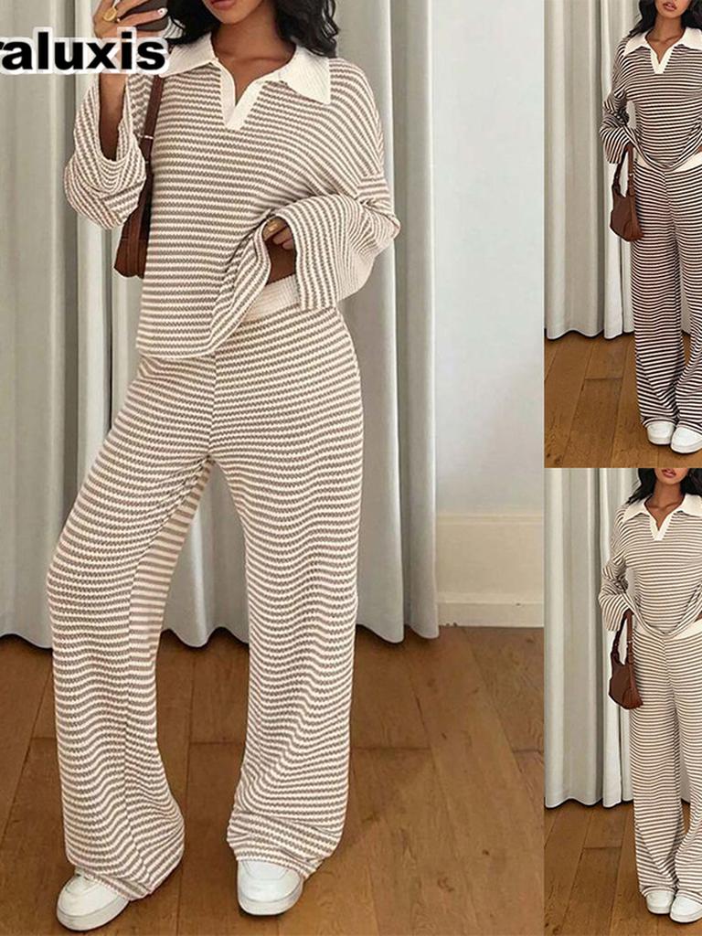 Fall Winter Striped Long Sleeve Wide Leg Pants Loungewear Set